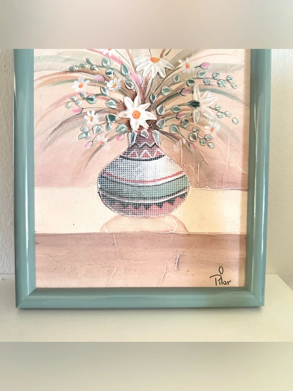 Textured Mixed Media Floral Pot Painting Vintage 90’s Southwestern Original Art